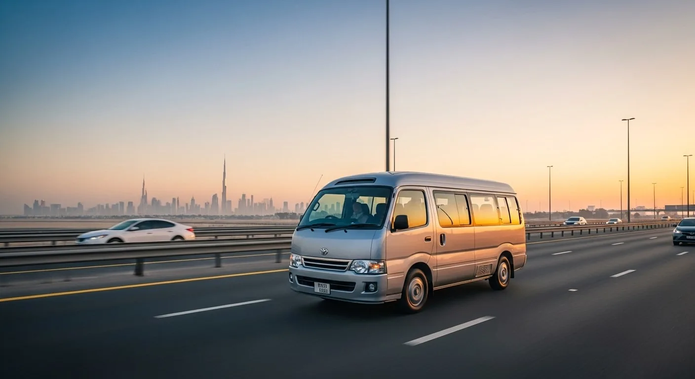 Commuter van on the Sharjah to Dubai highway at sunrise, Dubai skyline behind